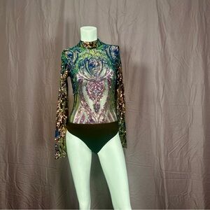 Akira Sequin Mesh Bodysuit S Blue Gold Iridescent Mock Neck Long Sleeve Zip Back